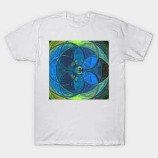 Mosaic Kaleidoscope Flower Green and Blue T-Shirt